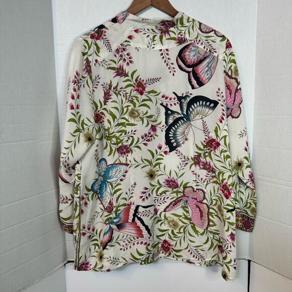 Citron Silk Butterfly Print Button Up Blouse - Picture 2 of 13